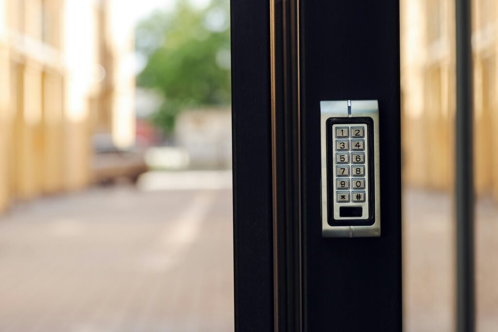 Numeric keypad door lock at building entrance